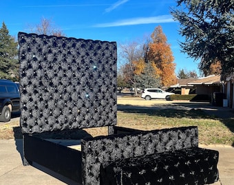 Bespoke Upholstered Bed Frame with Storage Bench: Extra Tall Headboard, Rhinestone Buttons, Gold Legs