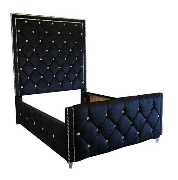 Jocisland King Bed Frame Upholstered Bed Wingback Headboard Velvet Tufted Diamond Button/No Box Spring Needed/Easy Assembly/Navy Blue