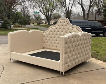 Custom Daybed French Tufted Curved Scrolled Back Upholstered Bed Frame Queen Lucite Legs Palm Beach Chic Made To Order