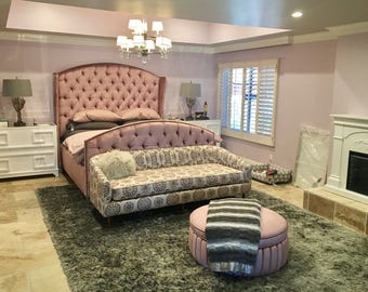 Tufted Wingback Velvet Bed: Deep Diamond Tufting, Nail Head Trim