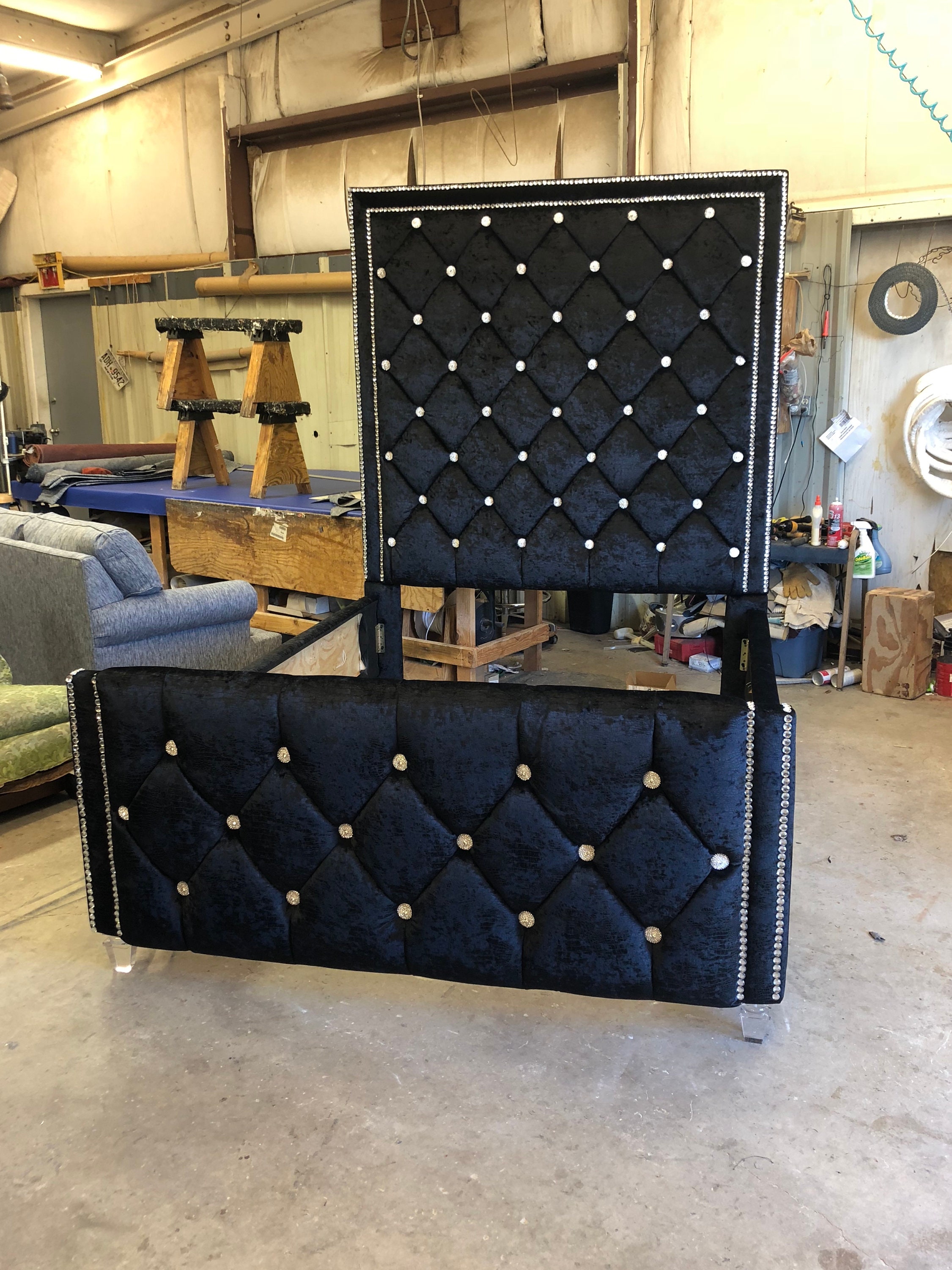 Crystal Tufted Headboard Tall Glam Bed Frame Diamond Tufting