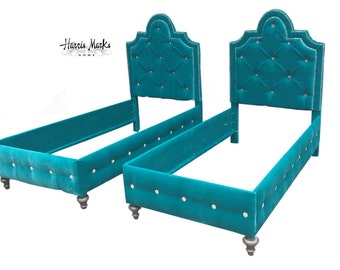 Pair Twin Beds French Tufted Upholstered Bed Frame Platform Any FABRIC SHAPE HEIGHT Crystal Button NailHead Trim Made To Order