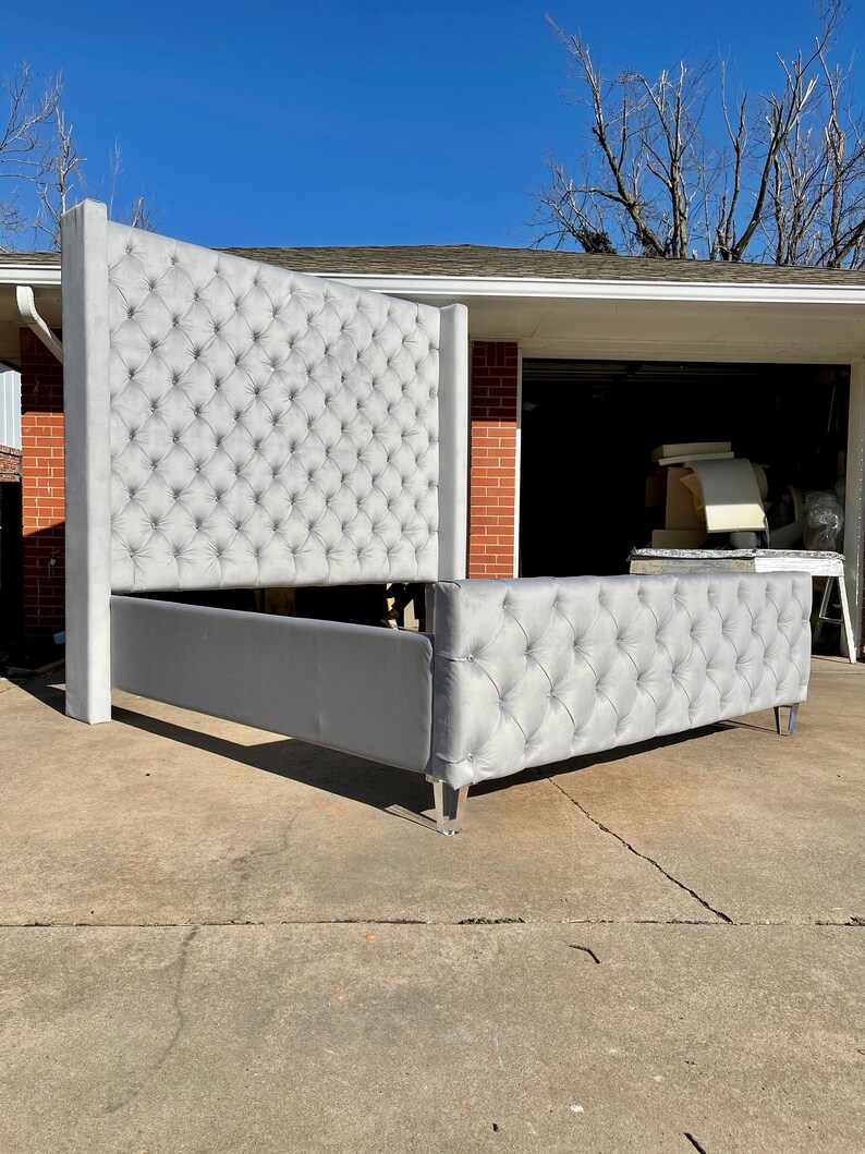 Custom Bed Extra Tall King Bed Frame Gray Velvet Tufted Etsy