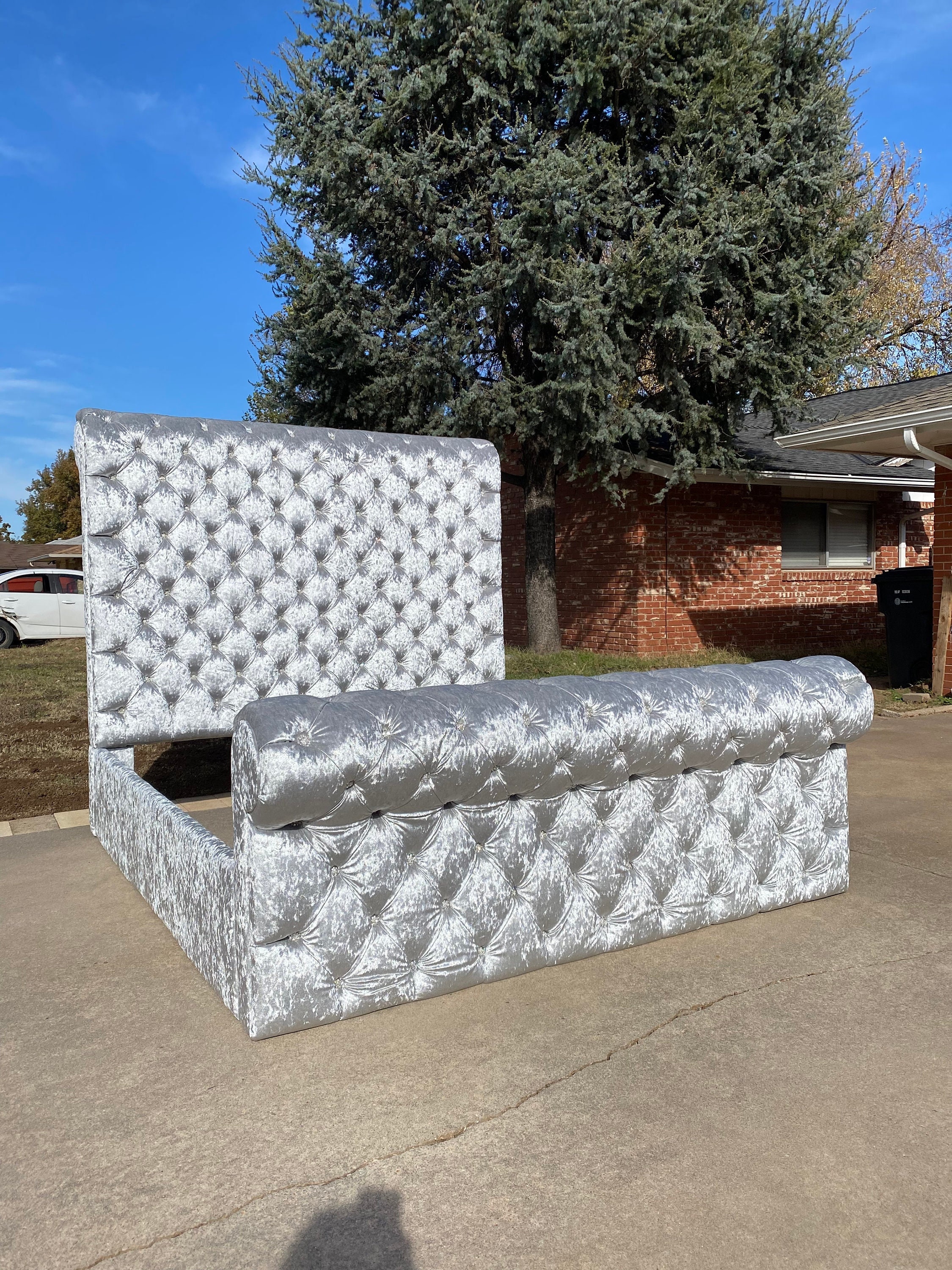 Crushed velvet diamond sleigh bed online