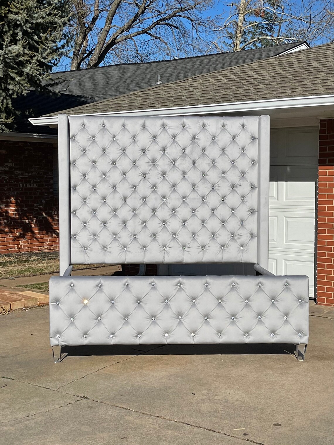 Custom Bed Extra Tall King Bed Frame Gray Velvet Tufted Etsy