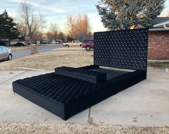 Custom Tufted Velvet Platform Bed: King Size with Tall Headboard & Storage