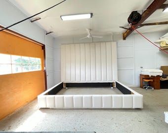 Tall Channel Tufted Bed Frame: Modern Platform Bed with Bolster Headboard Custom MARIBEL