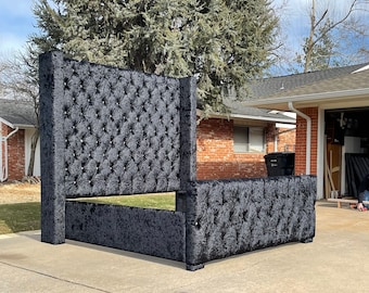 Tufted Wingback Headboard Bed Frame: Glam Diamond Upholstery, Made to Order