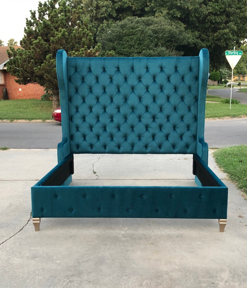 Wingback Bed Tufted Tall Headboard Curved Velvet Adjustable Etsy