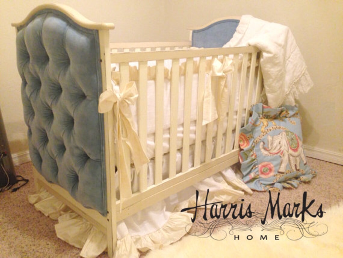 Tufted Baby Crib Upholstered Velvet Hand Painted White Cream Etsy
