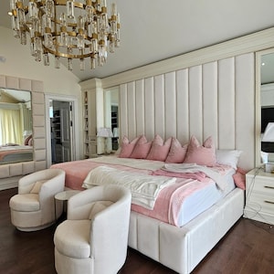 Modern Luxury Bed Frame Ceiling Height Channel Tufted: Platform Bed Headboard, Made To Order