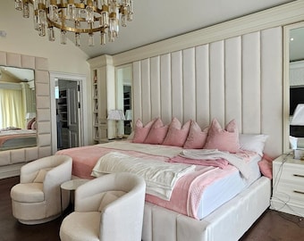 Modern Luxury Bed Frame Ceiling Height Channel Tufted: Platform Bed Headboard, Made To Order