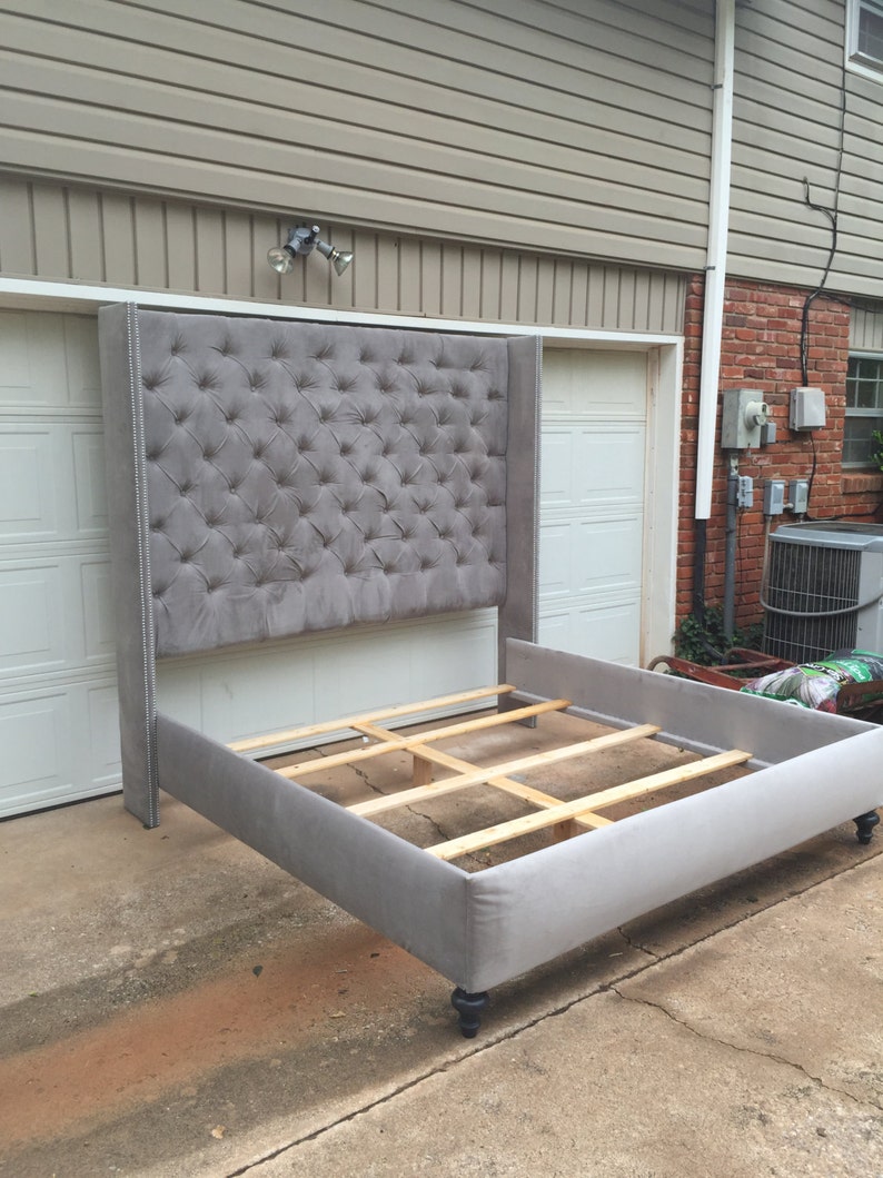 Tufted Bed Extra Tall Headboard Rails Bed Frame King Wingback Etsy