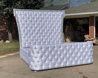 Custom Glam Bed Frame: Crystal Bling, Tufted Faux Silk