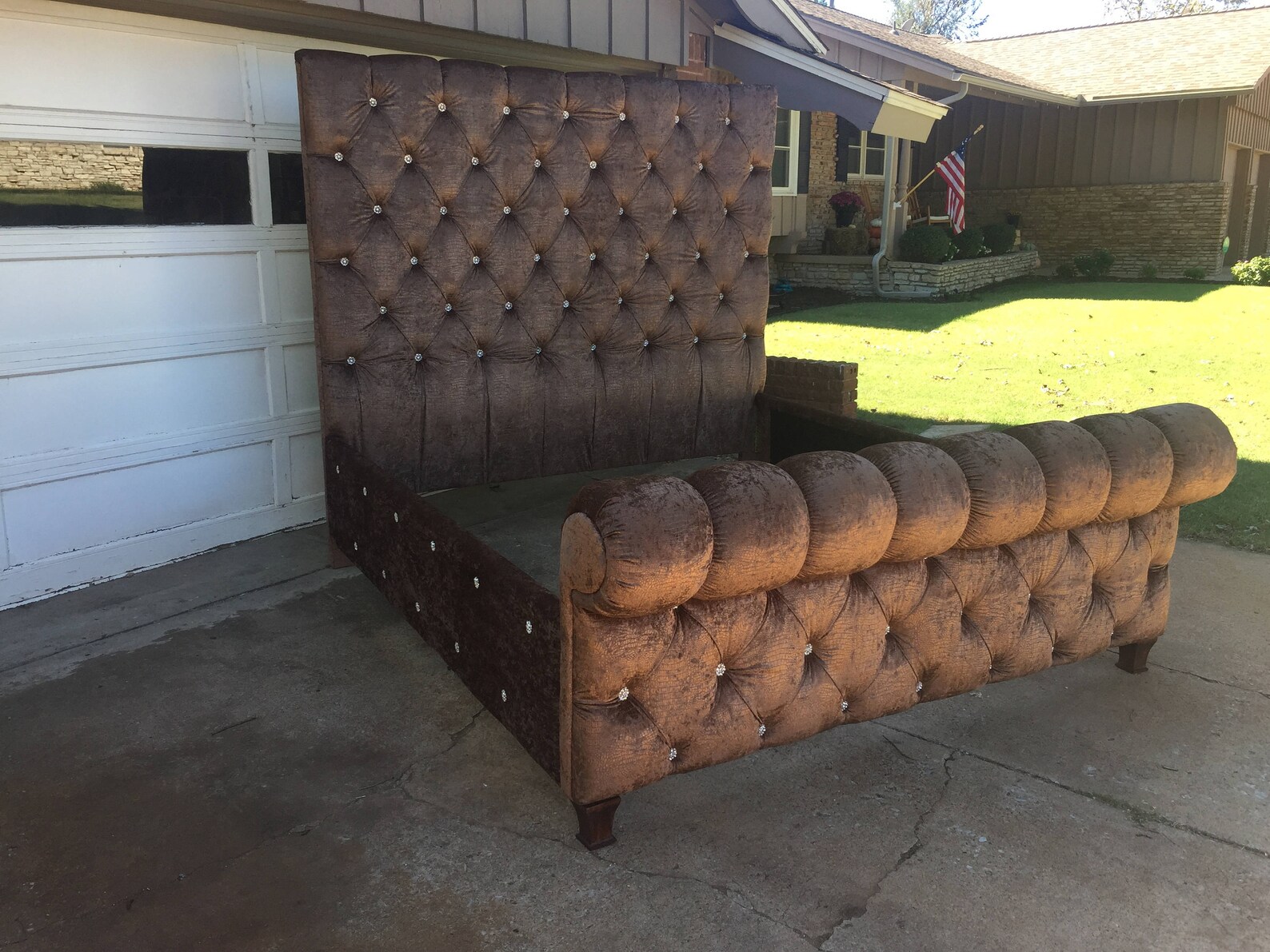 Tufted Headboard Tall Sleigh Channel Tuft Velvet Crystal Etsy