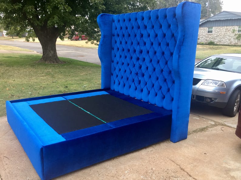 Wingback Bed Tufted Tall Headboard Curvy Velvet Platform Bed Frame Footboard Crystal Button California King Queen Full Twin CUSTOM MADE