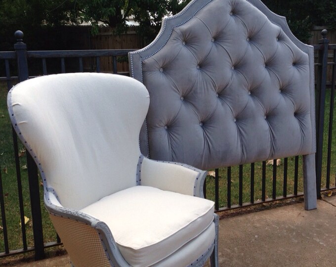 Tufted Headboard Gray Velvet King Queen Full Twin Rhinestone Button