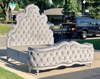 Glam Tufted Tall Bed Frame Headboard French Curvy Scalloped Extra Tall Bed Frame California King Queen Full Twin Bling MADE To ORDER