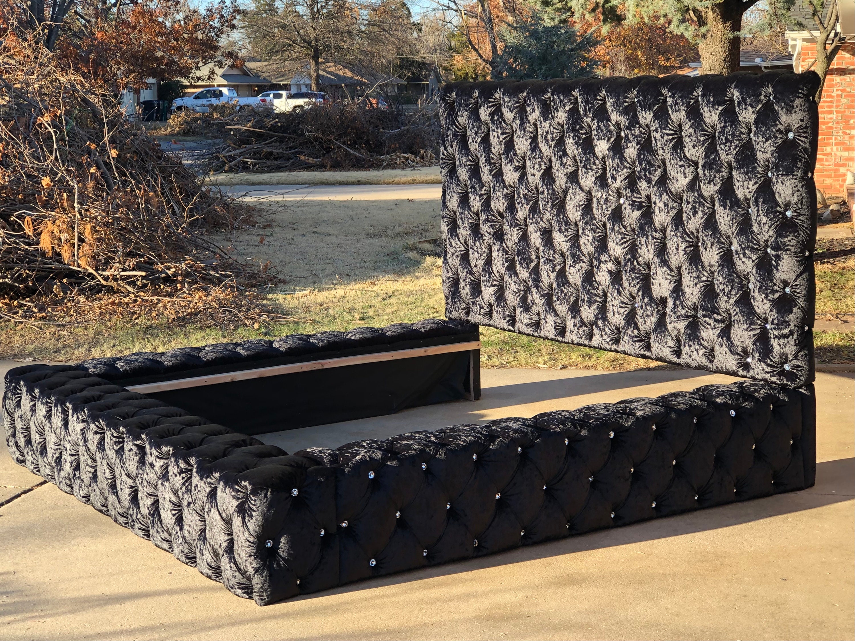 Wide Tufted Bed Frame Crushed Velvet Platform Headboard California