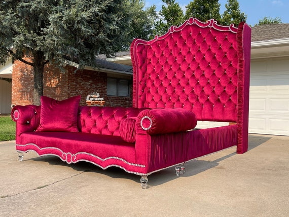 Tufted Bed Frame Tall Wingback Sofa Bench Glam Crystal Velvet Tufted  California King Queen Full Bespoke Extra Tall Glam CUSTOM ORDER 