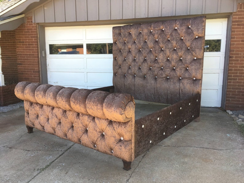 Tufted Headboard Tall Sleigh Channel Tuft Velvet Crystal Etsy