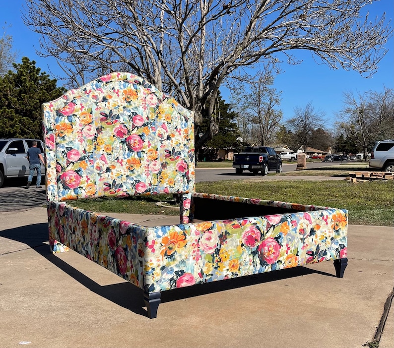 Tall Bed Queen Bed Frame Upholstered Preppy Palm Beach Floral - Etsy