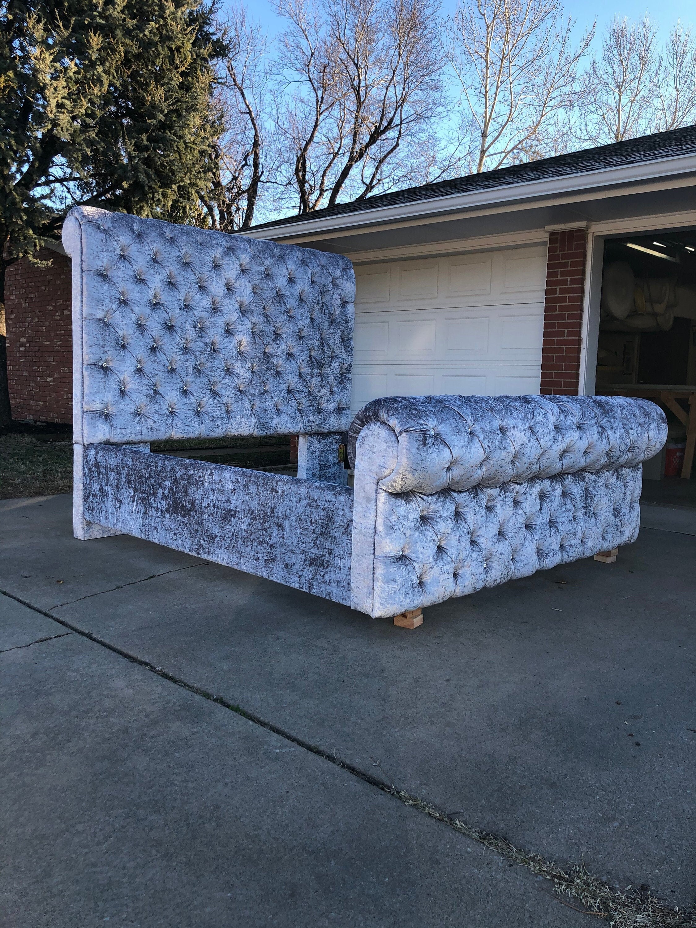 Crushed velvet diamond sleigh bed discount