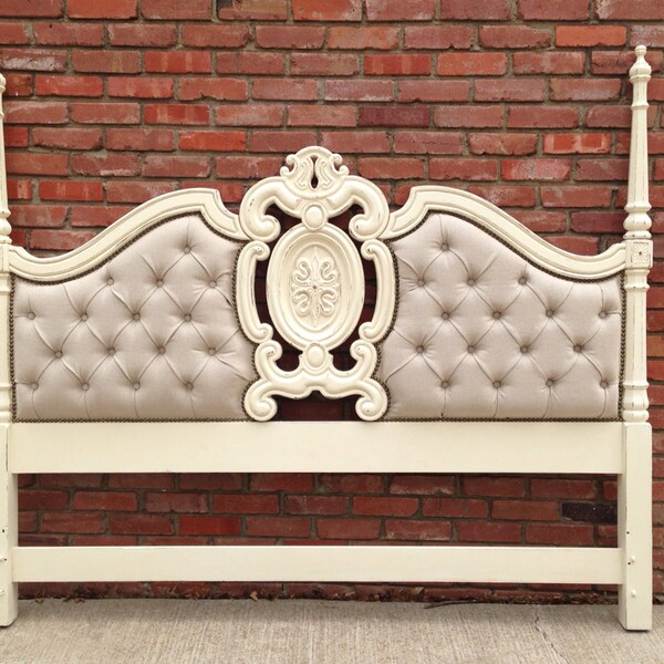 King Headboard Vintage French Tufted Nailhead Cottage White