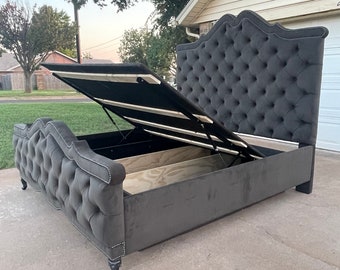 Tufted King Bed Frame: French Velvet Platform Bed with Storage
