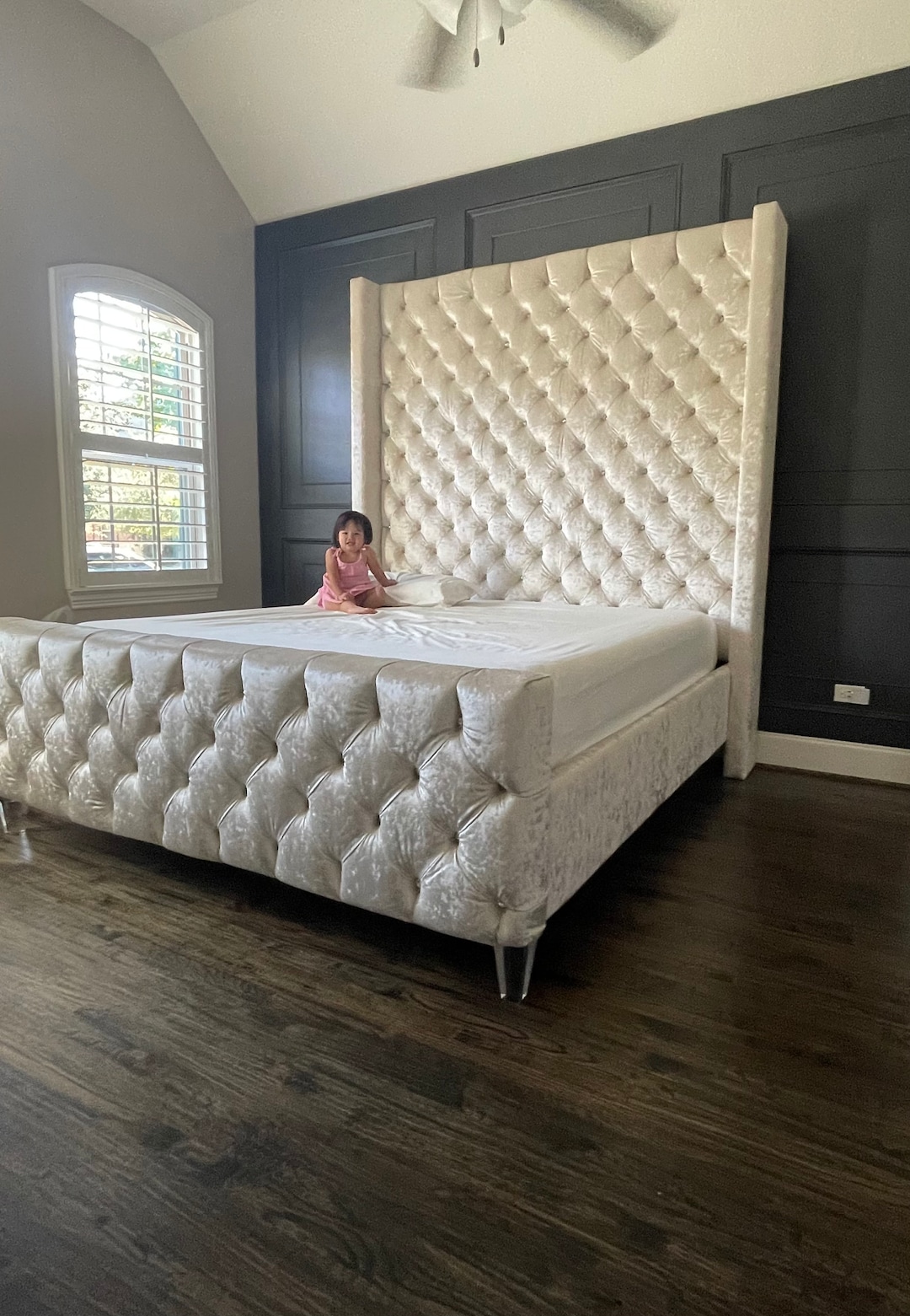 Custom Bed Frame Extra Tall California King Queen Full Bed Extra Tall Ceiling Tufted Wingback
