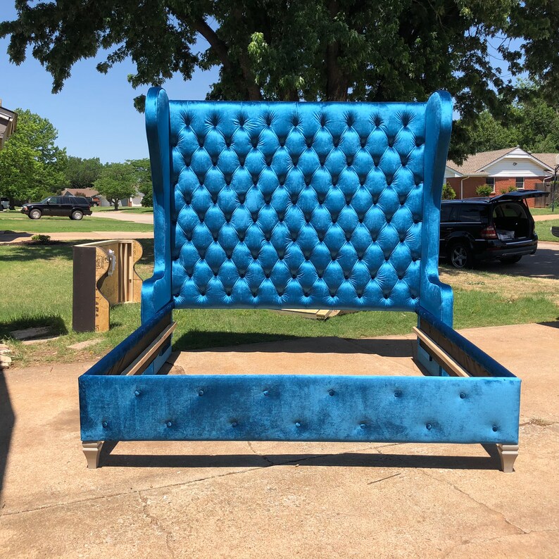 Wingback Bed Tufted Tall Headboard Curved Velvet Bed Frame Etsy