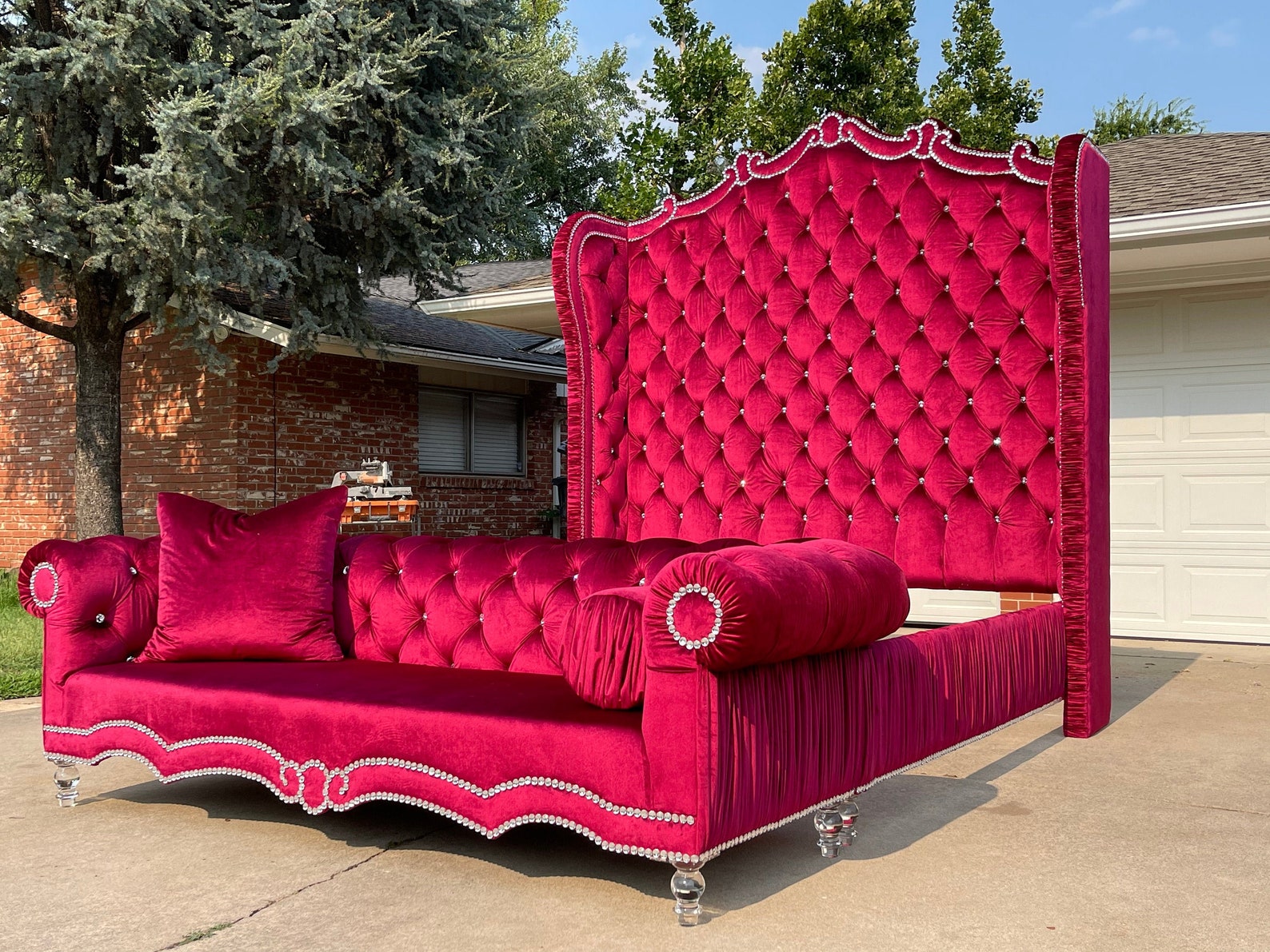 Tufted Bed Frame Tall Wingback Sofa Bench Glam Crystal Velvet Tufted California King Queen Full