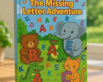 May include: A children's book titled "The Missing Letter Adventure" features cartoon animals holding letters. The cover has a blue sky background with a bear, alligator, elephant, and cat. The author's name, Saliha, is at the bottom.
