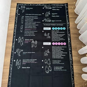 Könnte beinhalten: Schwarzer Gebetsteppich mit weißem Text und Illustrationen. Der Teppich enthält Anweisungen zum Gebet, einschließlich Sätzen wie "Allaahu Akbar" und Diagrammen von Gebetspositionen. Ein weißer geometrischer Rand umrahmt den Teppich.