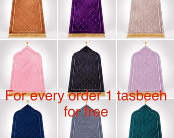 Tapis de prière en velours de luxe | Tapis de prière islamique doux | Tapis musulman Salah avec glands dorés | Séjadah | Cadeau Ramadan et Aïd