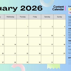 May include: A content calendar for January 2026, featuring a monthly grid layout with dates and space for notes. Includes sections for platform, type, status, content categories, performance notes, and extra notes. The calendar is on a gradient background.