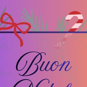 May include: A festive Christmas-themed graphic with a gradient background of purple, orange, and pink. The image features a rectangular frame with the Italian phrase "Buon Natale" in elegant script. Decorative elements include a red bow, candy cane, ornaments, and sprigs.
