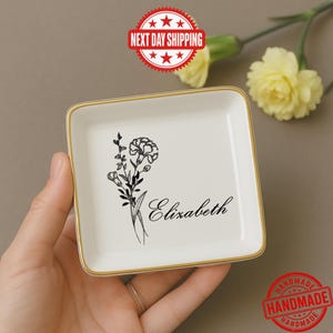 Personalized Birth Flower Ceramic Trinket Dish: Custom Jewelry Holder