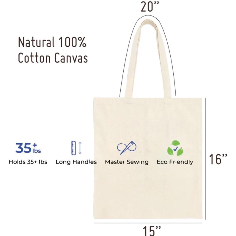 K&ouml;nnte beinhalten: Eine Tragetasche aus nat&uuml;rlichem Baumwollcanvas mit langen Henkeln. Die Tasche ist 38 cm breit, 41 cm hoch und hat eine Henkelh&ouml;he von 51 cm. Sie h&auml;lt &uuml;ber 15,9 kg und tr&auml;gt die Aufschriften "Master Sewing" und "Eco Friendly".