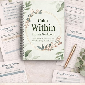 Puede incluir: Un cuaderno imprimible de 30 páginas titulado "Calm Within Anxiety Workbook" con herramientas y ejercicios de TCC. La portada presenta ilustraciones florales. Páginas adicionales incluyen un ejercicio de conexión a tierra y un plan de acción contra ataques de pánico.