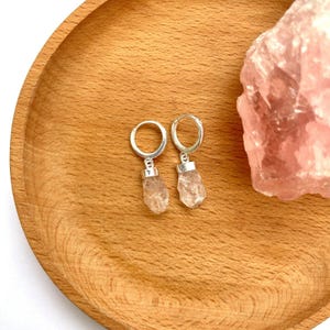 Raw Rose Quartz Hoop Silver Earrings, Sterling Silver Earrings, Crystal Earrings, Huggie Hoop Earrings, Rose Quartz Jewelry