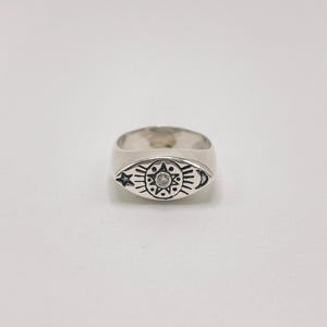 Moon Star Sun Zirconia Silver Signet Ring, Sterling Silver Signet Rings, Silver Rings, Moon Ring, Sun Ring, Star Ring