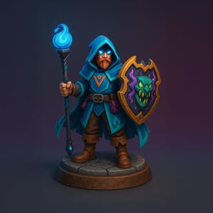 Op de afbeelding: Miniatuur fantasy figuur van een tovenaar in een blauwe capuchon, met een staf met een blauwe vlam en een schild met een groen monster ontwerp. De figuur staat op een stenen voet, met een bruine baard en blauwe ogen.