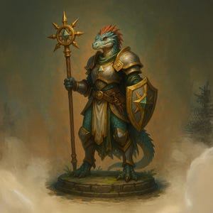 May include: A digital painting of a lizard-like humanoid character in ornate armor, holding a staff with a star-shaped top and a shield. The character has green scales, red head crest, and is standing on a stone platform.