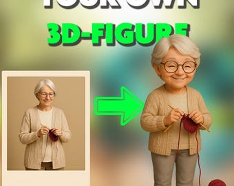 Puede incluir: Imagen de una mujer mayor en renderizado 3D tejiendo, con una foto de la misma mujer a la izquierda. El texto "YOUR OWN 3D-FIGURE" está en la parte superior, con "PNG, stl, obj & fbx" en la parte inferior.