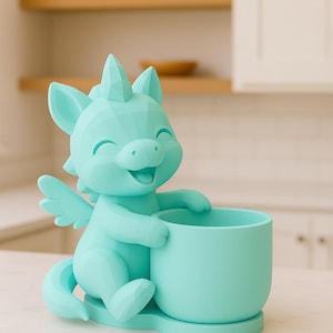 Könnte beinhalten: Hellblauer Einhorn-Pflanztopf mit lächelndem Gesicht, Flügeln und Horn. Der Pflanztopf hält einen zylindrischen Topf. Das Design ist ein skurriler, geometrischer Stil, ideal für kleine Pflanzen oder Sukkulenten.