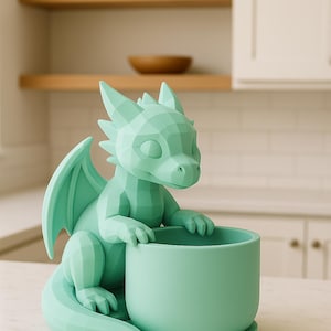 May include: A mint green dragon-shaped planter. The dragon has a geometric design and is holding a cylindrical pot. The planter sits on a matching round base. The background includes a kitchen setting with wooden shelves.