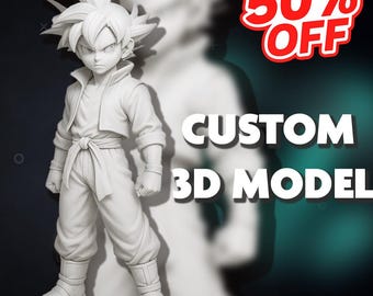 May include: A white 3D model of a character with spiky hair, wearing a jacket and pants, with a tied waist. The image includes the text "CUSTOM 3D MODEL" and a "50% OFF" promotion.