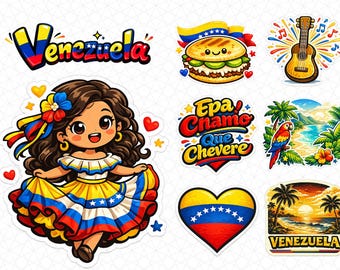 Paquete PNG de Venezuela: Bandera, Arepa, Loro, Playa y Guitarra (Descarga digital)