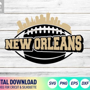 ニューオーリンズのフットボールのスカイラインSVG、マルディグラの試合日デザイン、クリカットカットファイル、昇華アート、PNG EPS
